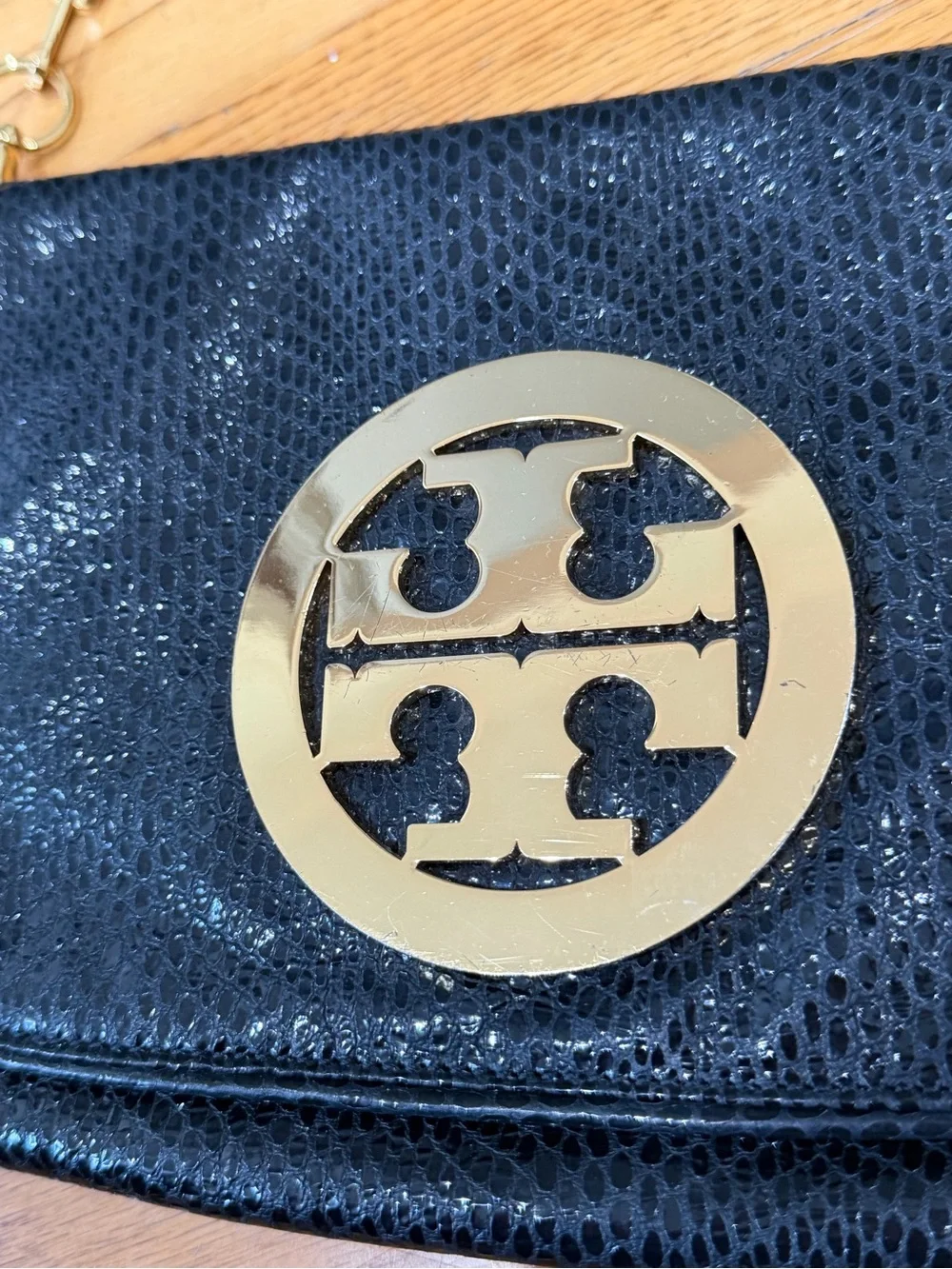 Tory Burch Reva Black Snake Embossed Clutch Crossbody Gold Chain